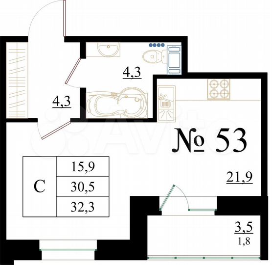 Квартира-студия, 32,3 м², 6/8 эт.