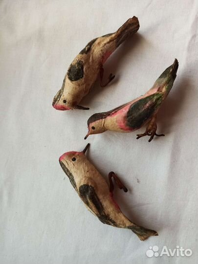 Редкие старинные ватные ёлочные игрушки. Птицы