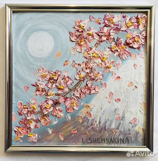 Картина маслом ветка сакуры в раме 30х30 см