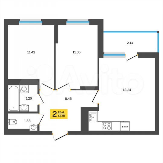2-к. квартира, 56,4 м², 16/18 эт.