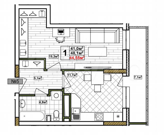 1-к. квартира, 44,6 м², 3/17 эт.