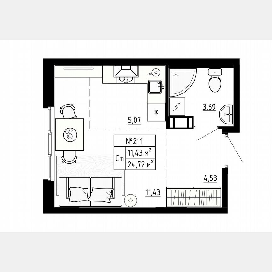 Квартира-студия, 24,7 м², 4/4 эт.