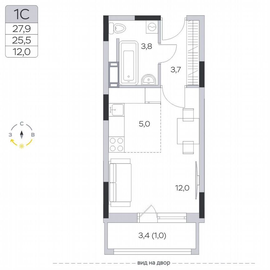 Квартира-студия, 25,5 м², 9/9 эт.