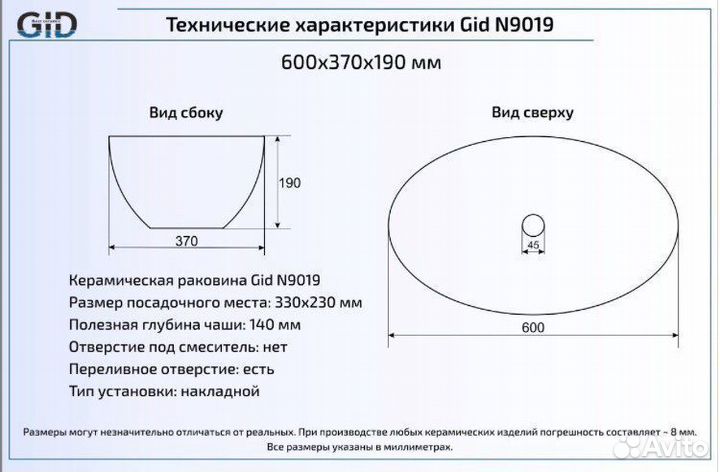 Накладная раковина Gid N9019