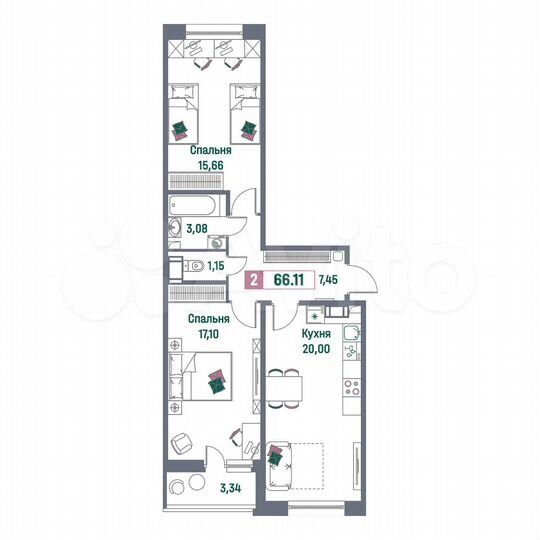 2-к. квартира, 66,1 м², 5/16 эт.