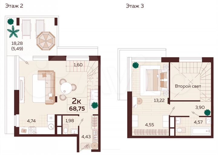 2-к. квартира, 68,8 м², 2/9 эт.