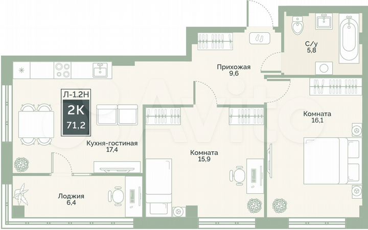 2-к. квартира, 71,2 м², 11/17 эт.