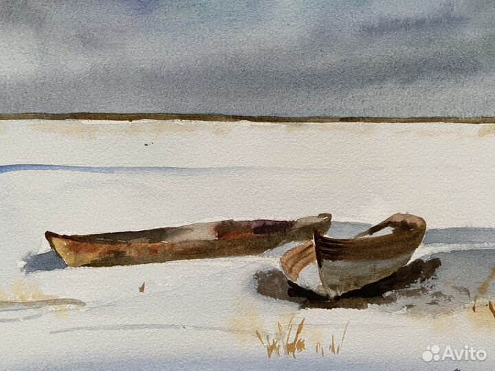 Картина акварель пейзаж с лодкой
