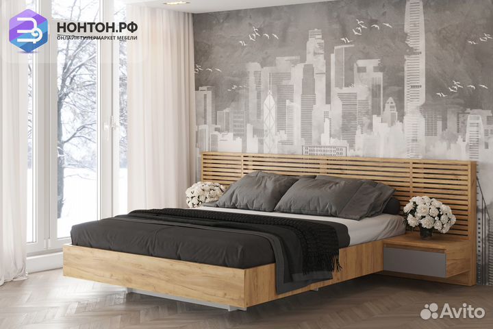 Кровать Бостон с тумбами 1.6 м дуб крафт золотой