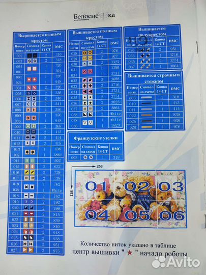 Схема для вышивания с образцами ниток