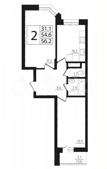 2-к. квартира, 56,2 м², 9/17 эт.