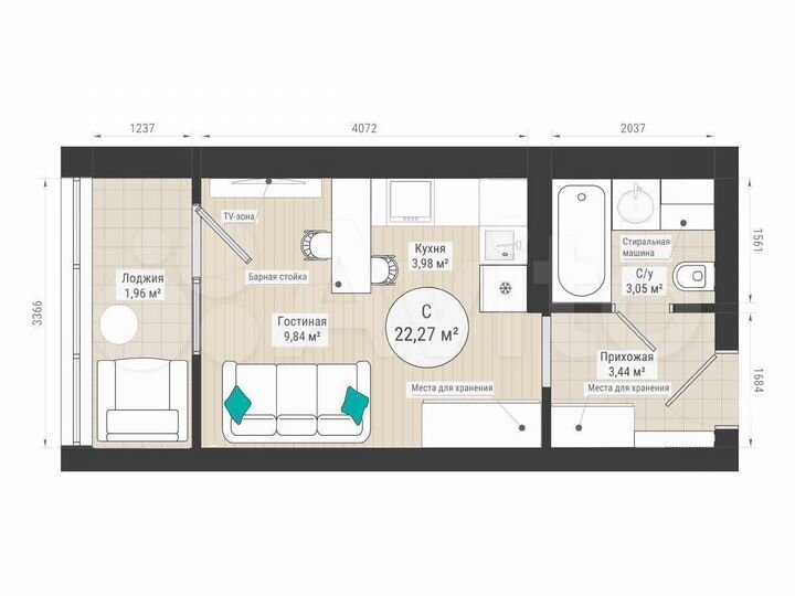 Квартира-студия, 22,2 м², 23/27 эт.