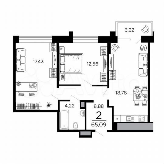 2-к. квартира, 65,1 м², 11/19 эт.