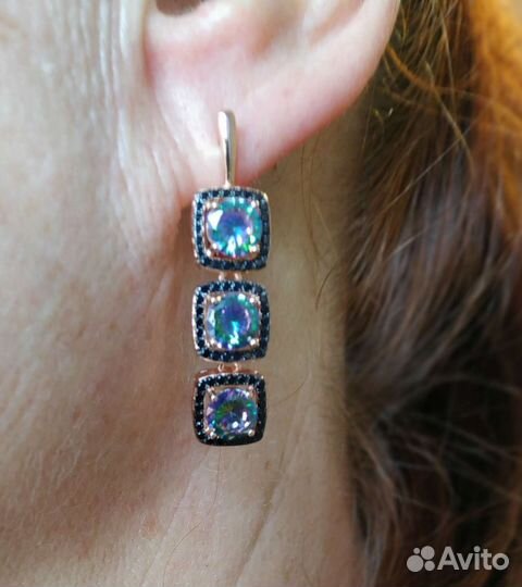 Серьги кольцо топаз мистик цирконы золото