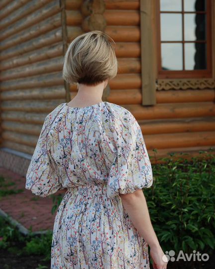 Летнее хлопковое платье с объёмными рукавами 42