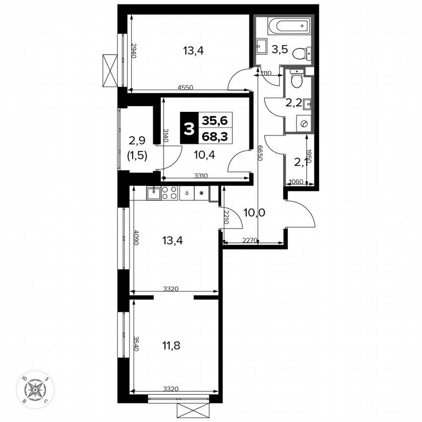 3-к. квартира, 68,3 м², 5/15 эт.