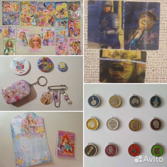 Медальоны Шрек/значки,календарики Винкс,Барби