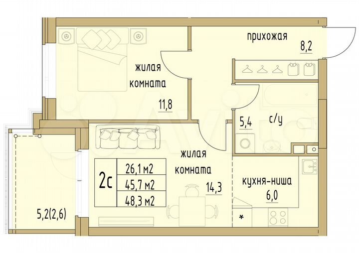 2-к. квартира, 48,3 м², 2/6 эт.