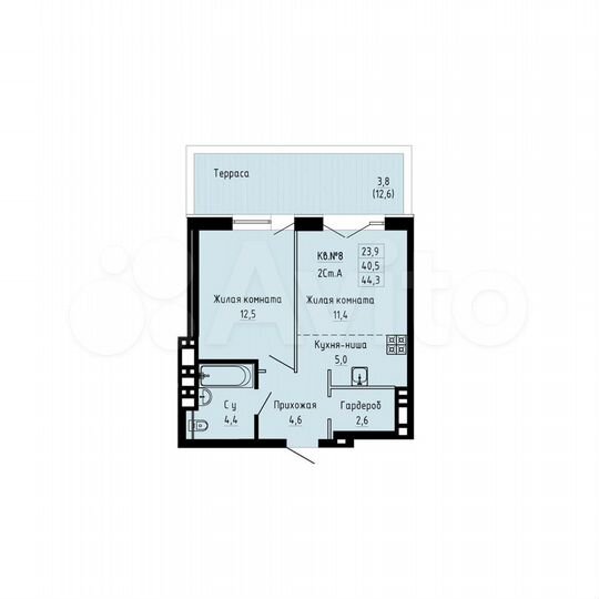 2-к. квартира, 44,3 м², 2/23 эт.