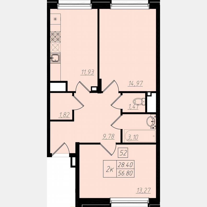 2-к. квартира, 53,3 м², 1/4 эт.