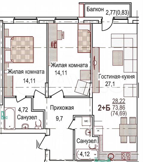 2-к. квартира, 76,1 м², 1/8 эт.