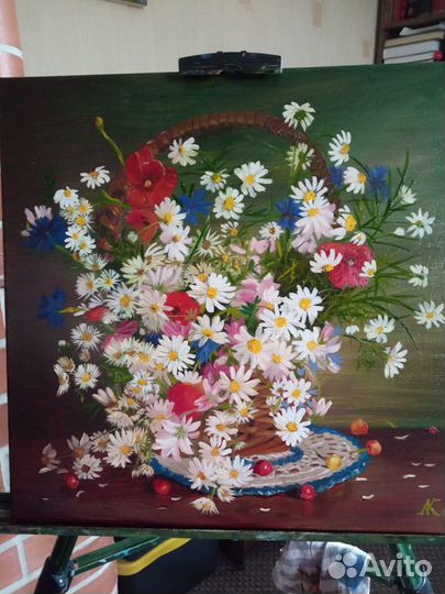 Букет в корзинке. Картина маслом