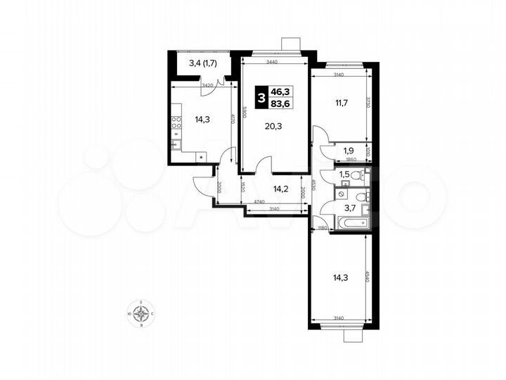 3-к. квартира, 83,7 м², 11/15 эт.