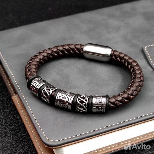 Мужской браслет кожаный на магните
