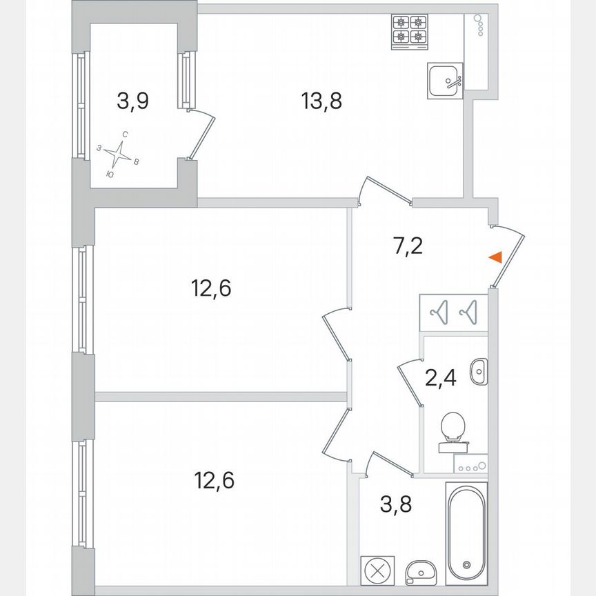 2-к. квартира, 54,4 м², 1/4 эт.