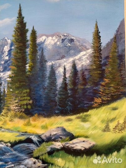 Картина маслом Горы и Река. Подарок руководителю