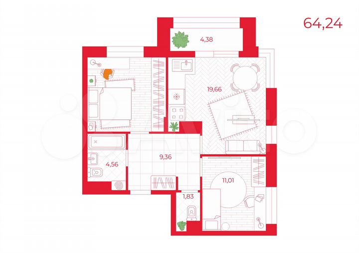 2-к. квартира, 64,2 м², 14/16 эт.