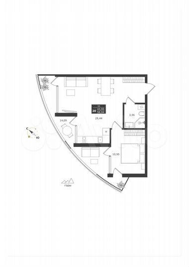 2-к. апартаменты, 58,3 м², 6/11 эт.