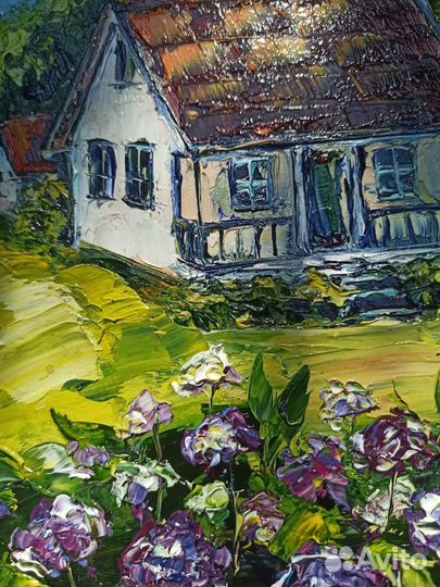 Картина домик с цветами маслом гортензии 24х24 см