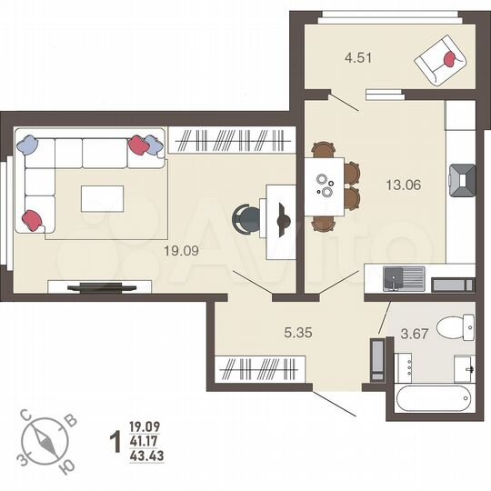 1-к. квартира, 43,4 м², 3/17 эт.