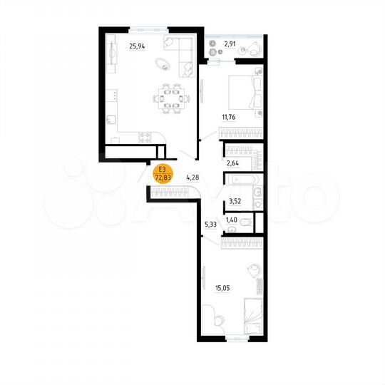2-к. квартира, 72,8 м², 2/25 эт.