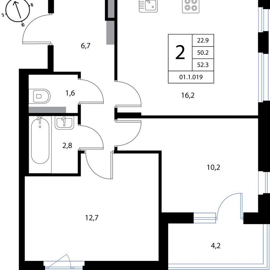 2-к. квартира, 52,3 м², 3/3 эт.