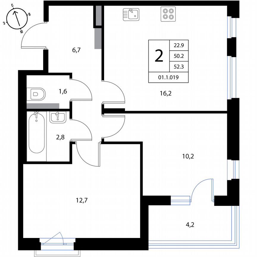 2-к. квартира, 52,3 м², 3/3 эт.