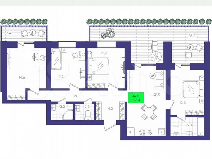 3-к. квартира, 126,4 м², 1/9 эт.