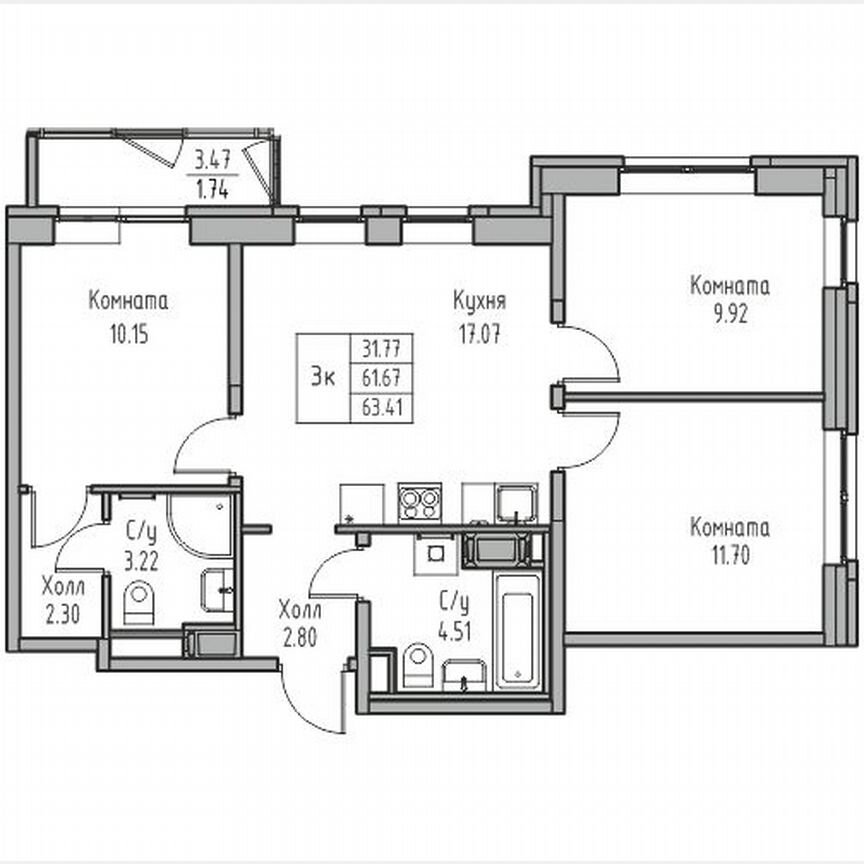 3-к. квартира, 63,4 м², 9/23 эт.