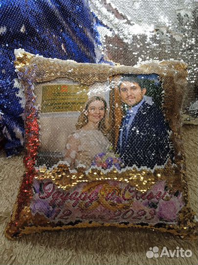 Подушка с пайетками и фото свадебная