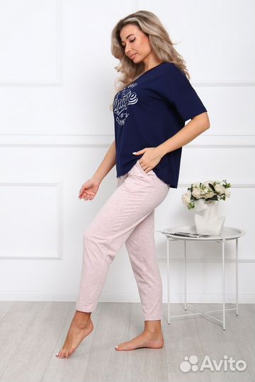 Оптом. Пижама - синий, розовый меланж №Н-1018