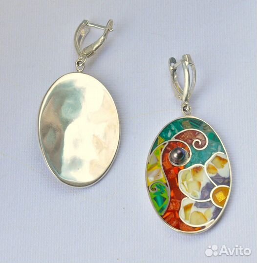 Серьги кольцо с эмалью, мозаика ручная работа