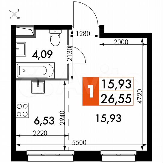 1-к. апартаменты, 26,6 м², 2/15 эт.