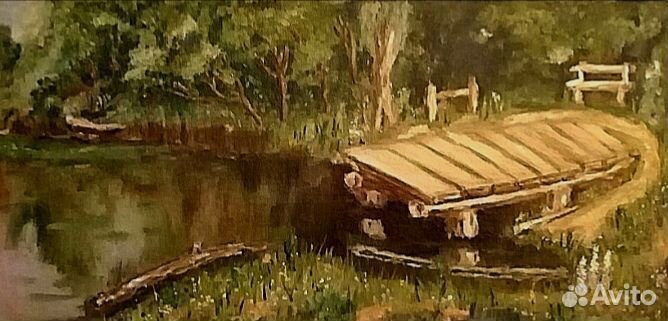 Пруд Лес Скамейка Мостик Картина Маслом 20х40