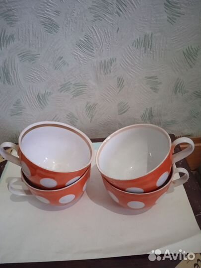 Чайные чашки бу СССР оранжевые в белый горох