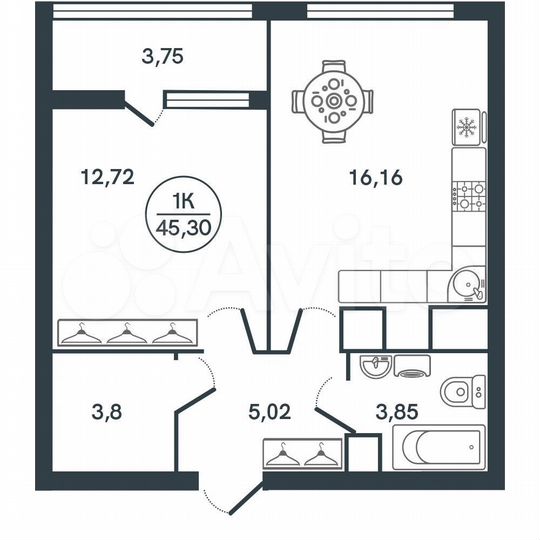 1-к. квартира, 45,3 м², 7/17 эт.