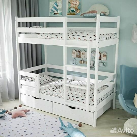 Детская 2-ярусная кровать из березы с бортами