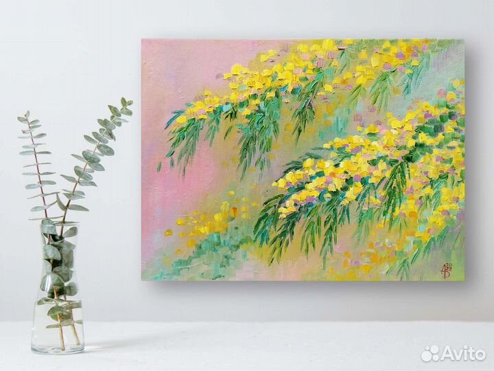 Картина маслом на холсте цветы весенняя мимоза