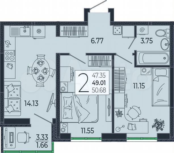 2-к. квартира, 49 м², 2/21 эт.