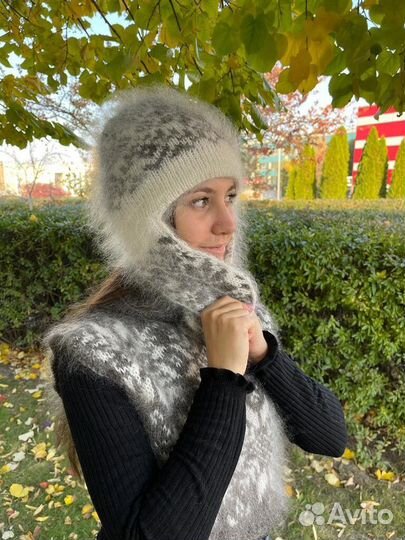 Шапка ушанка пуховая двойная вязаная Козий пух